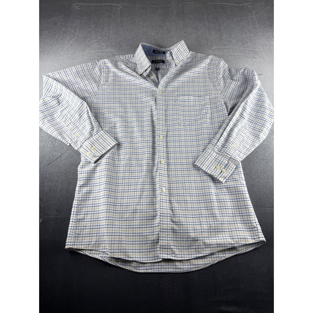 Chaps Mens Classic Fit Oxford Shirt Blue Tan Plaid Wrinkle Free 15-15.5 32/33